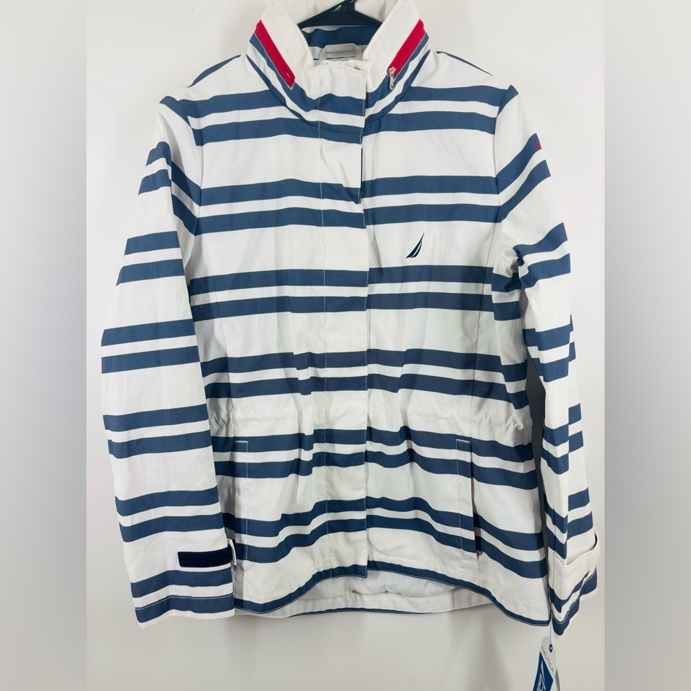 NWT Men’s Nautica J-Class Striped‎ Nautical Windbreaker Navy Blue White L